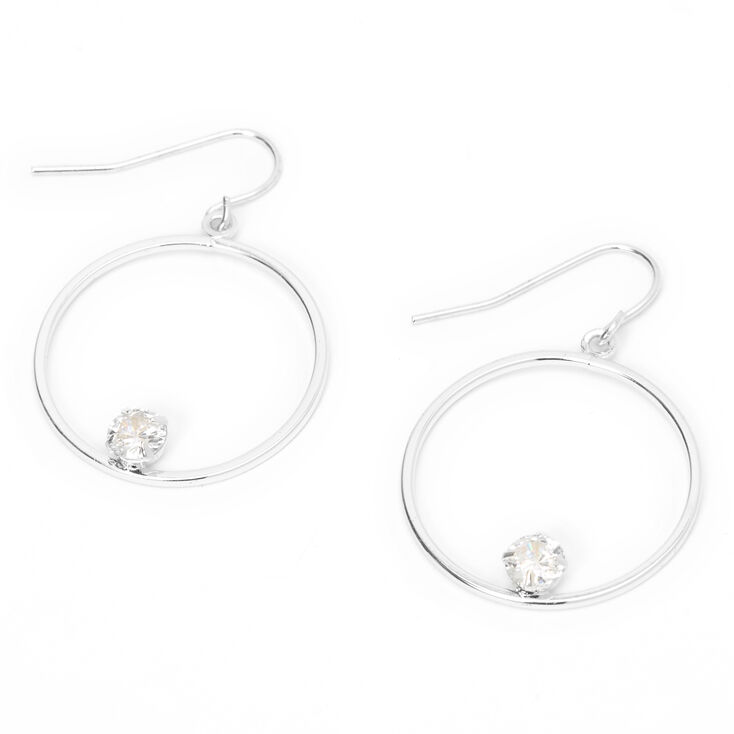 Silver 25MM Cubic Zirconia Stone Hoop Earrings,