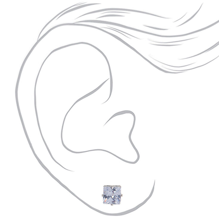Silver-tone Cubic Zirconia 5mm, 6mm, &amp; 7mm Square Stud Earrings - 3 Pack ,