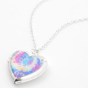 Silver Tie Dye Heart Locket Pendant Necklace,