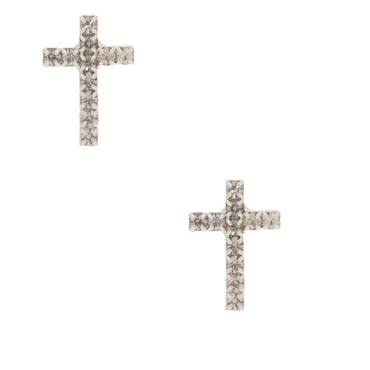 Silver Crystal Cross Stud Earrings,