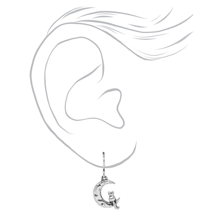 Silver .5&quot; Cat &amp; Crescent Moon Drop Earrings,