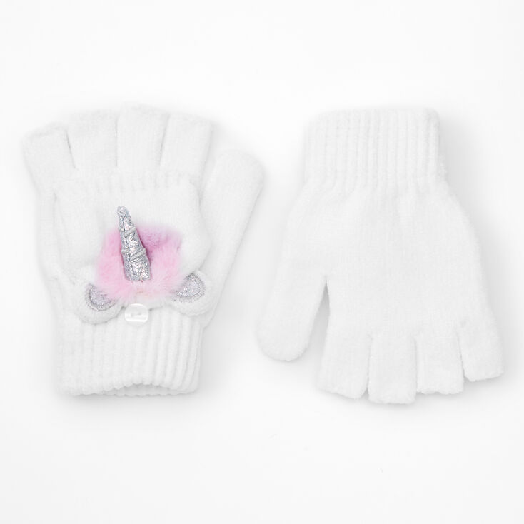 Claire's Mitaines avec rabat moufle licorne pastel - Blanc