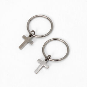 C LUXE by Claire&#39;s Silver-tone Titanium 10mm Mini Cross Hoop Earrings,