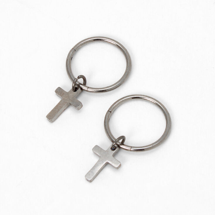 C LUXE by Claire&#39;s Silver-tone Titanium 10mm Mini Cross Hoop Earrings,