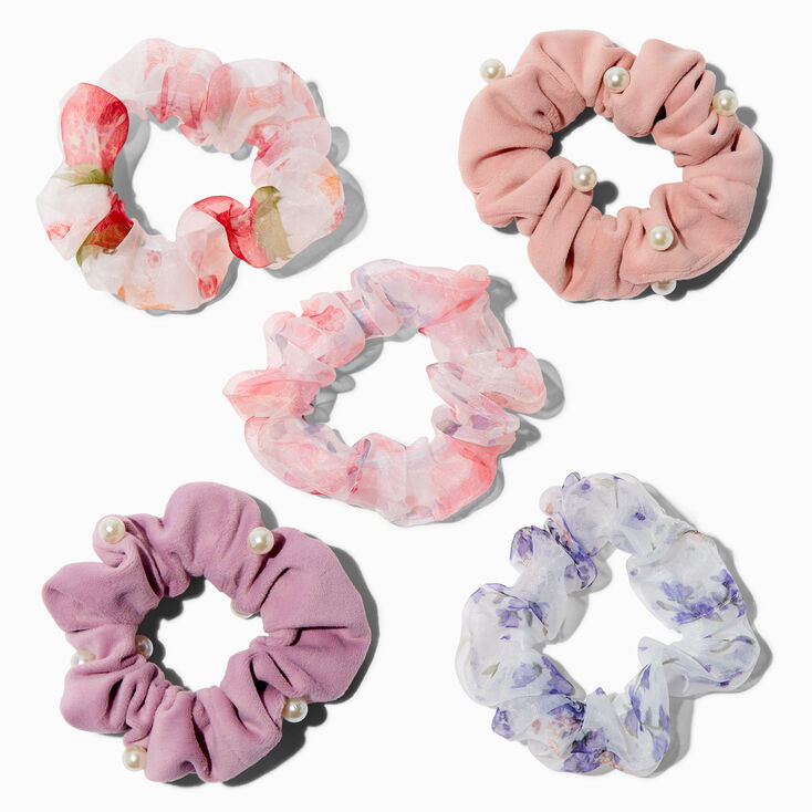 Sheer Floral &amp; Pearl Pastel Hair Scrunchies - 5 Pack,