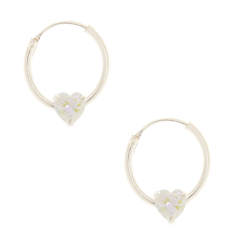 12MM Sterling Silver Cubic Zirconia Heart Hoop Earrings,