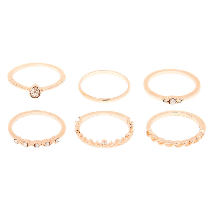 Rose Gold Royal Glam Rings - 6 Pack | Claire's US