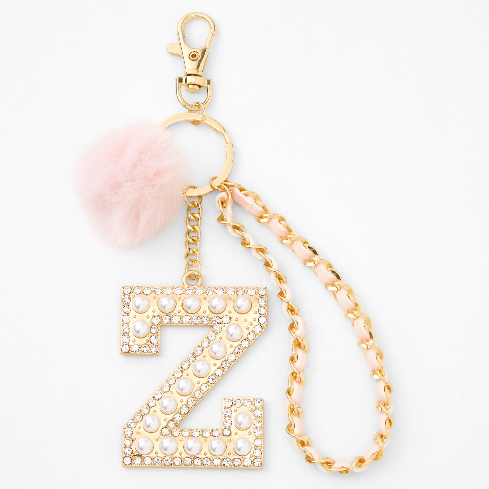 Claire's Porte-clés pompon à initiale bling-bling couleur dorée - Rose, Z