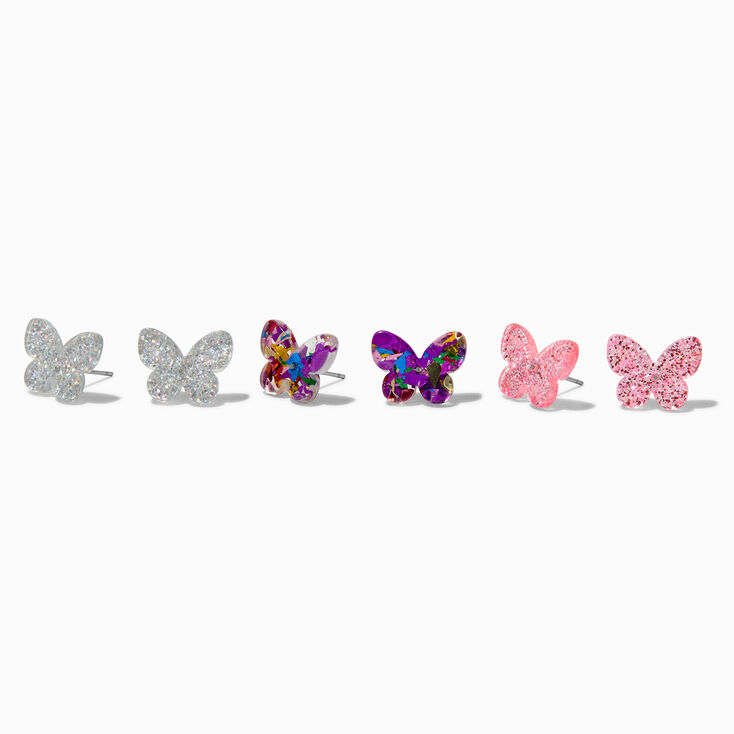 Glitter Butterfly Stud Earrings - 3 Pack,