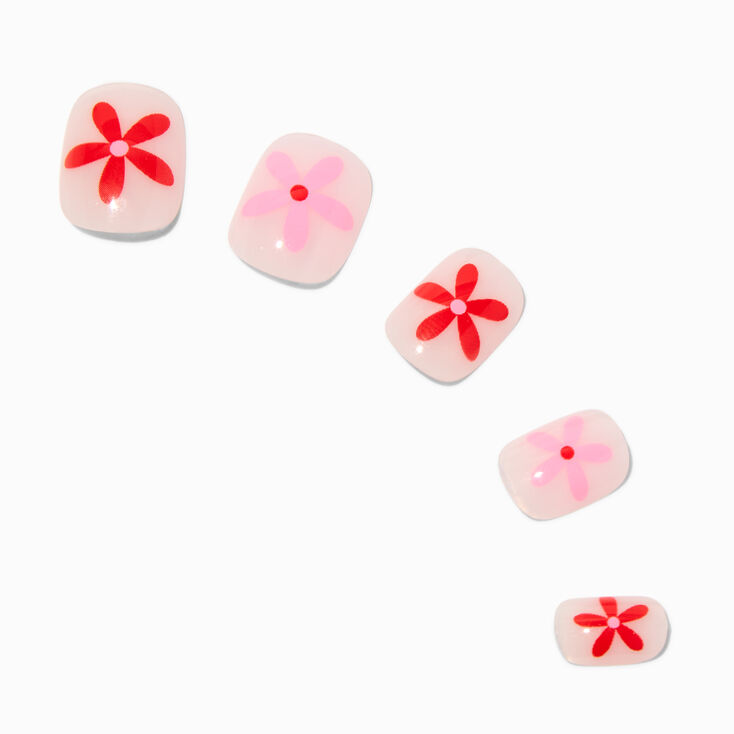 Monochrome Pink Daisy Squoval Vegan Faux Nail Set - 24 Pack,