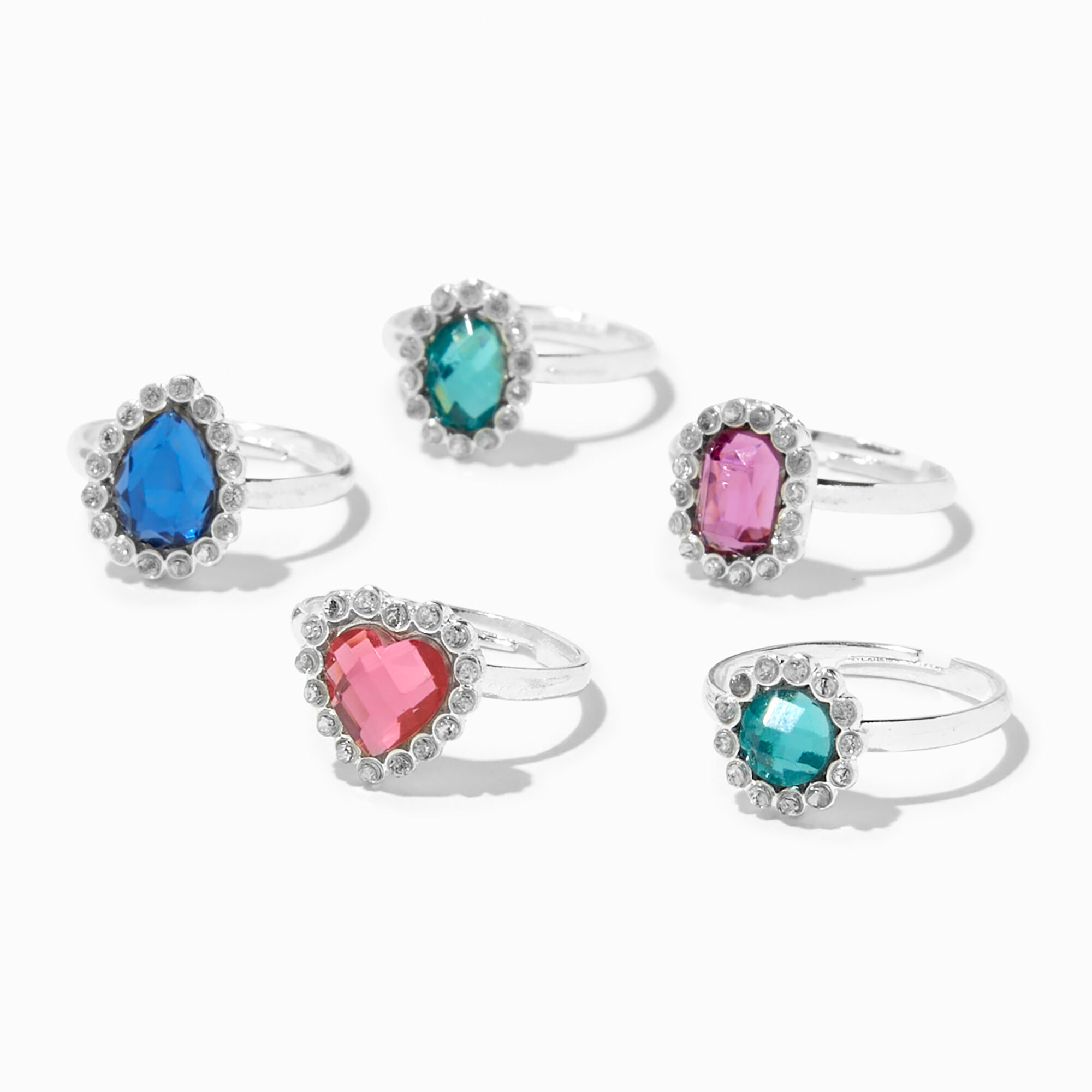 View Claires Club Jewel Tone Rhinestone Rings 5 Pack Silver information