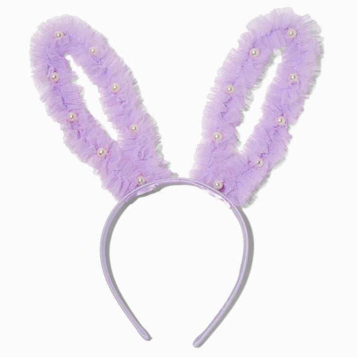 Purple Tulle &amp; Pearl Bunny Ears Headband,