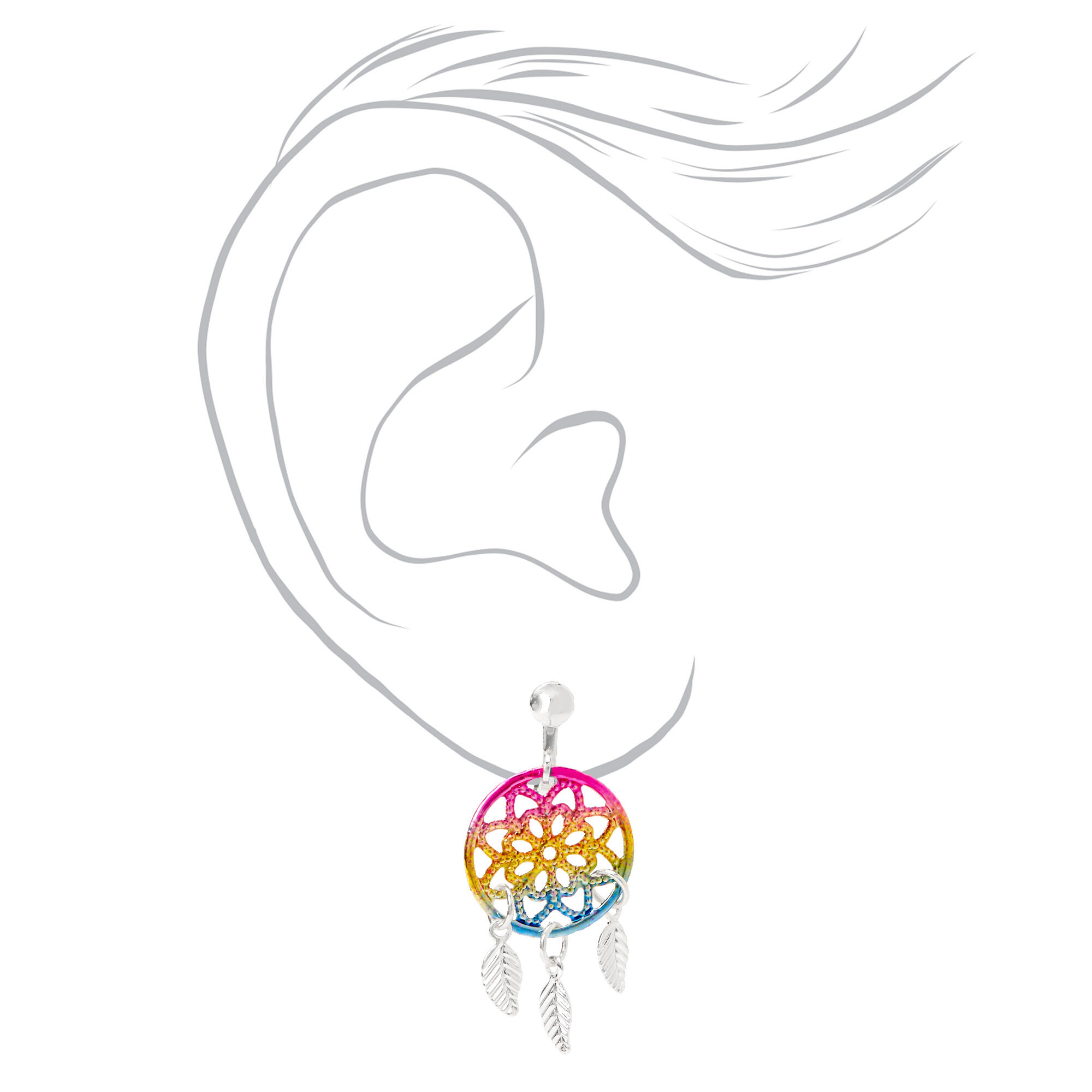 Silver 1.5" Rainbow Dreamcatcher Clip On Drop Earrings,