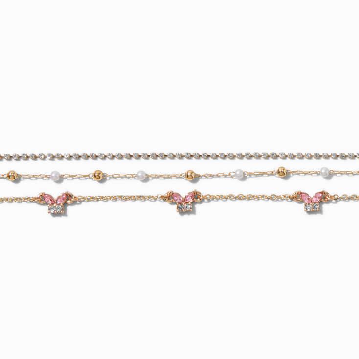 Pink Crystal Butterfly Choker Necklace Set - 3 Pack