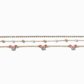 Pink Crystal Butterfly Choker Necklace Set - 3 Pack,