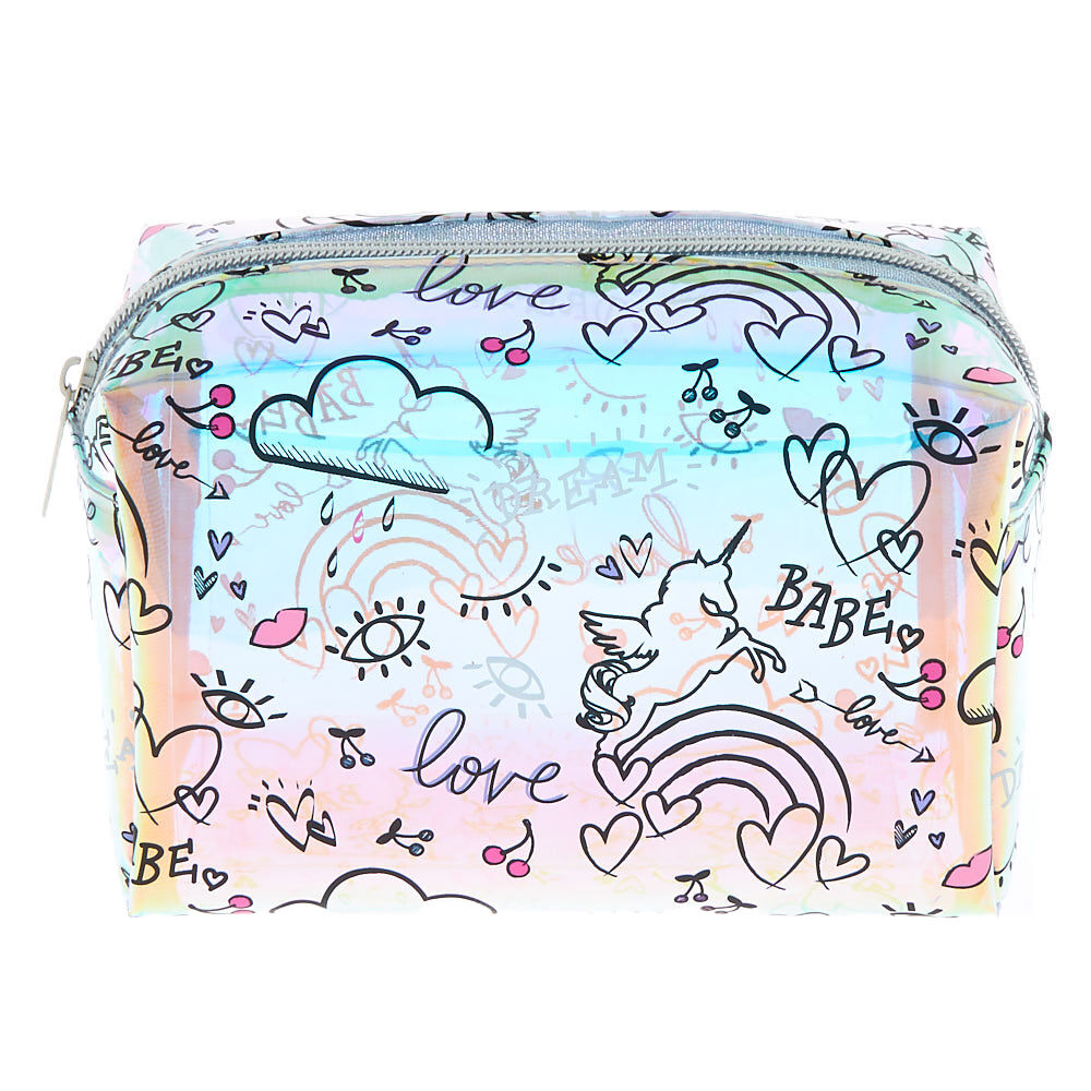 Holographic Doodle Print Makeup Bag,