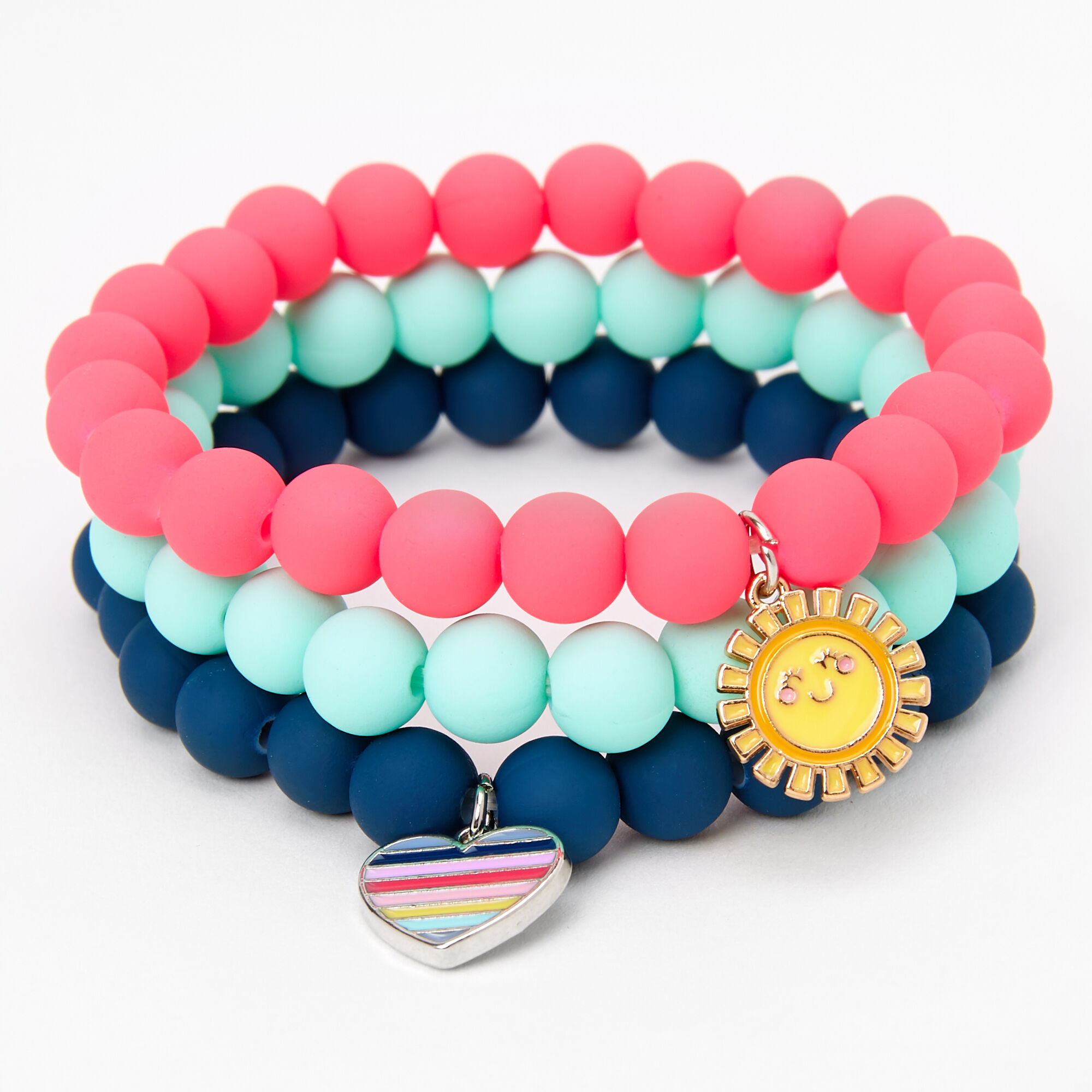 Claire s Club Heart Sun Matte Beaded Stretch Bracelets 3 Pack
