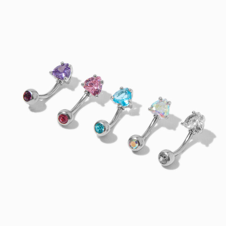 Stainless Steel Cubic Zirconia Pastel Heart 14G Belly Bars - 5 Pack,
