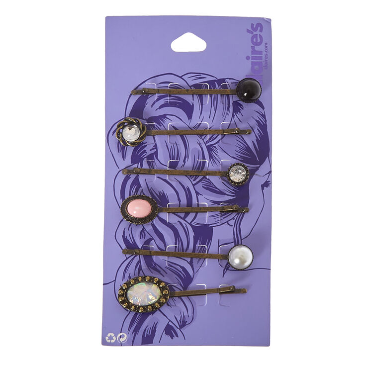 Antique Gold Mixed Stone Hair Pins - 6 Pack,