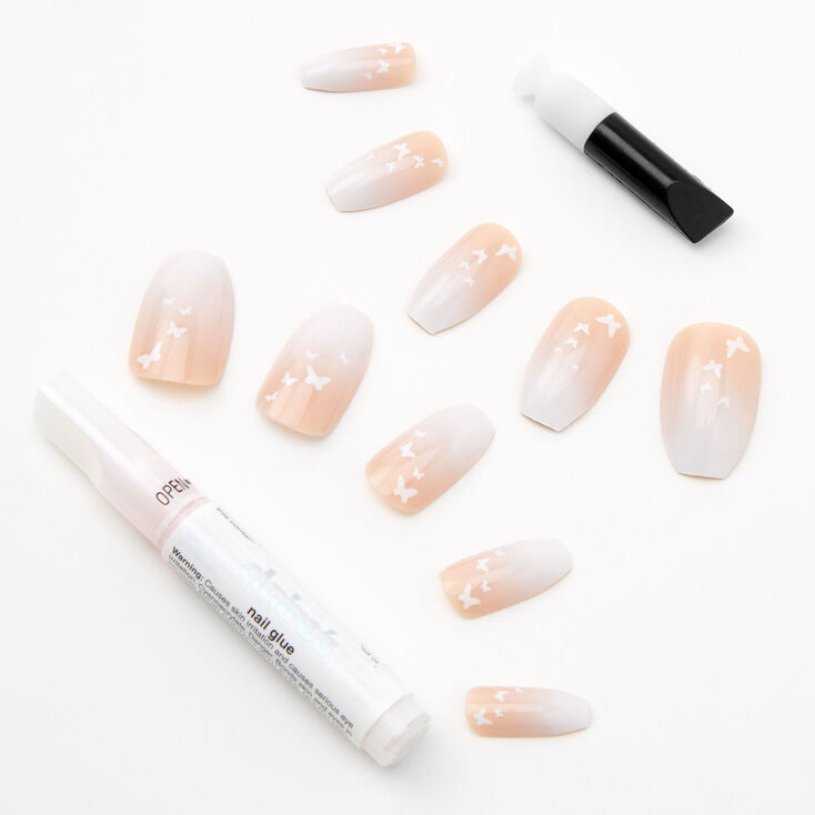 Nude Ombre Butterflies Coffin Faux Nails - 24 Pack,