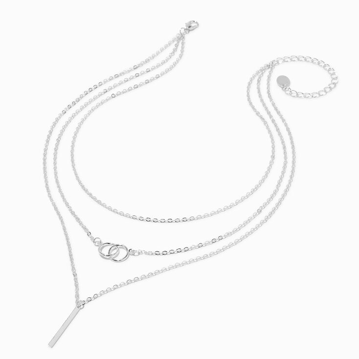 Silver Stick &amp; Linked Rings Multi-Strand Chain Necklace,