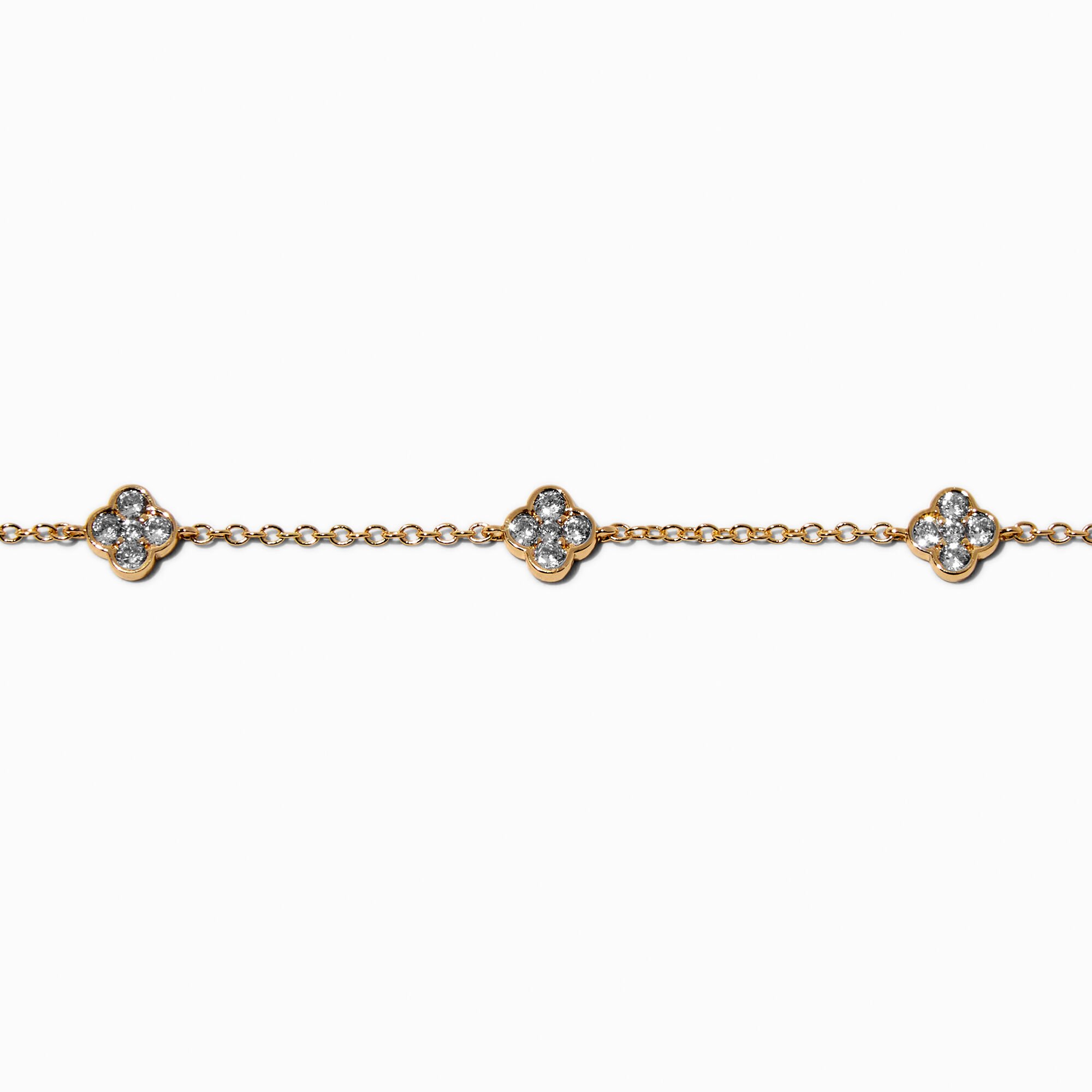 Gold-tone Cubic Zirconia Clover Chain Bracelet,