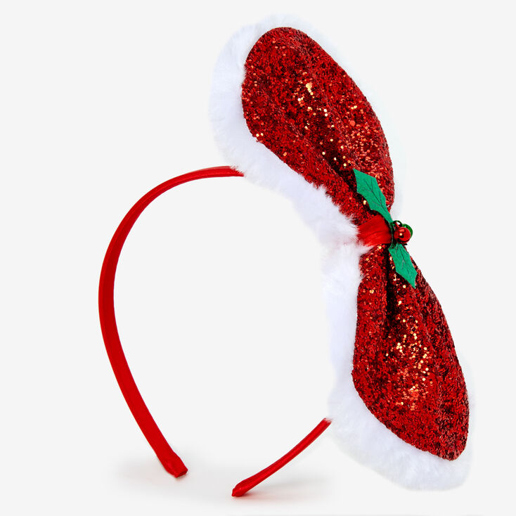 Christmas Glitter Holly Bow Headband - Red,