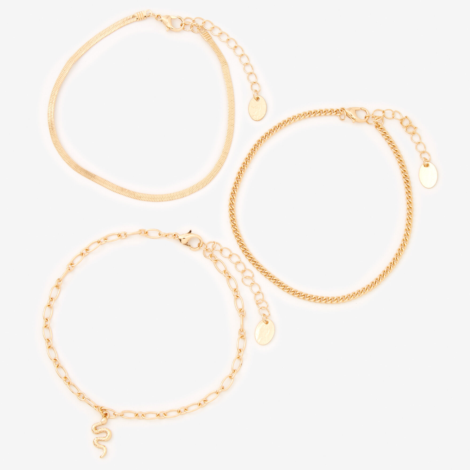 View Claires Tone Snake Charm Anklets 3 Pack Gold information