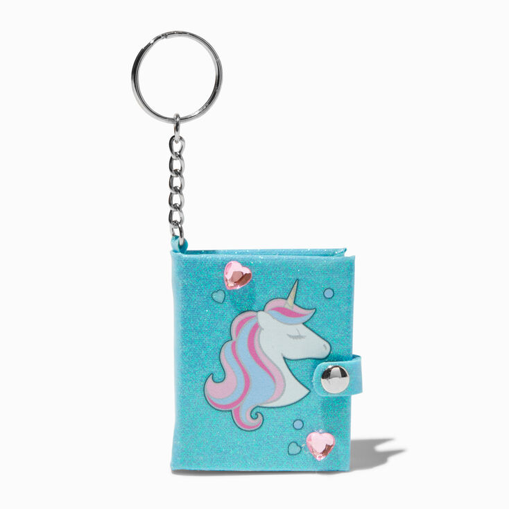 Porte-cl&eacute;s mini journal avec strass c&oelig;ur licorne,