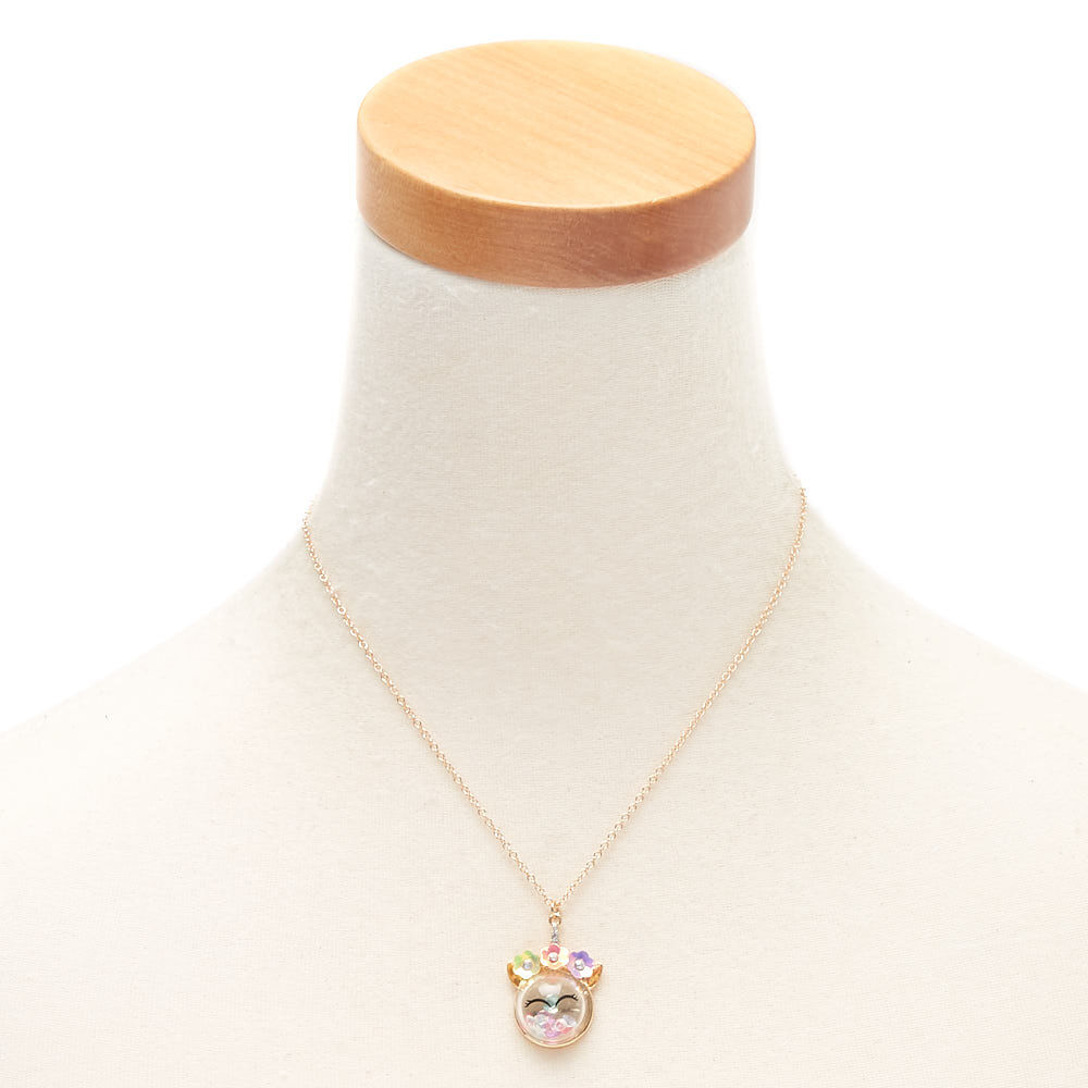 Collier à pendentif paillettes mobiles licorne floral couleur doré,