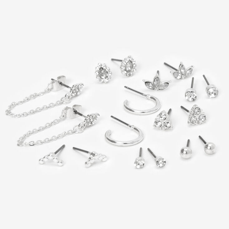 Silver Fancy Crystal Mixed Earrings - 9 Pack,