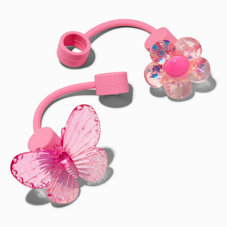 Pink Flower &amp; Butterfly Straw Covers - 2 Pack,