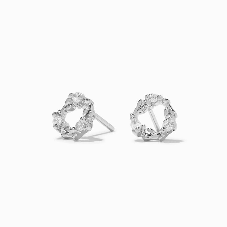 Silver Cubic Zirconia Leaf Wreath Stud Earrings,