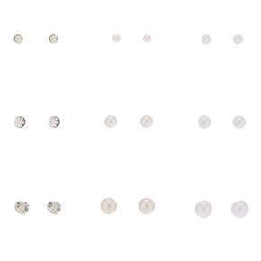 Silver Graduated Crystal Pearl Stud Earrings - 9 Pack,