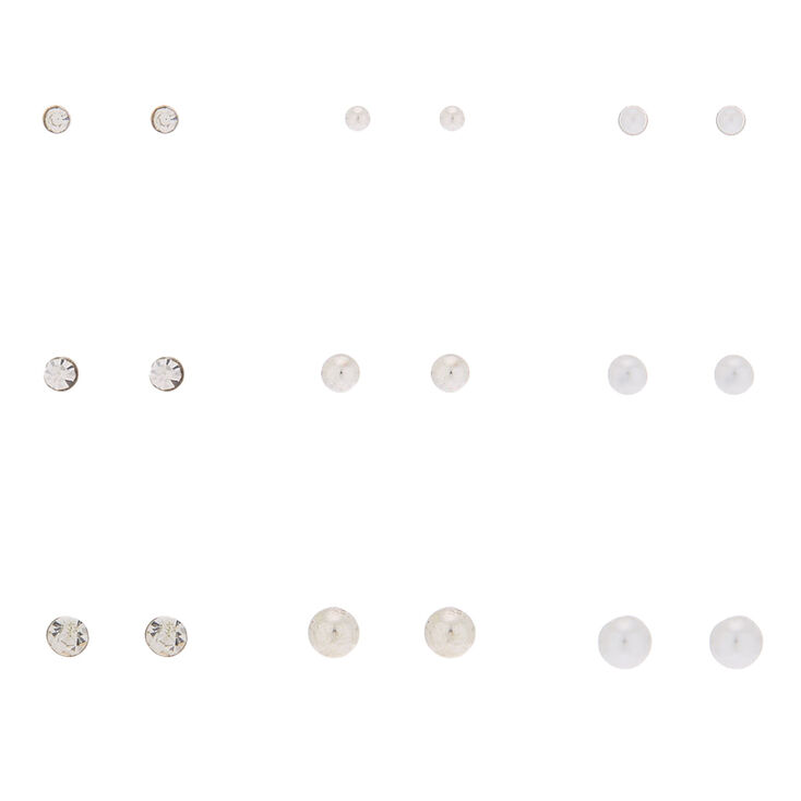 Silver-tone Graduated Crystal Pearl Stud Earrings - 9 Pack,