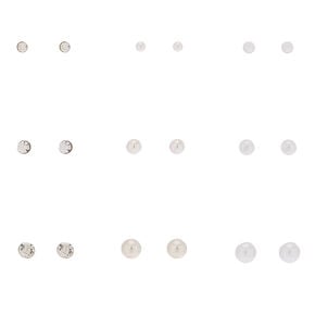 Silver Graduated Crystal Pearl Stud Earrings - 9 Pack,
