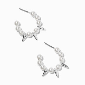 Silver-tone Pearl &amp; Spike 10mm Hoop Earrings,
