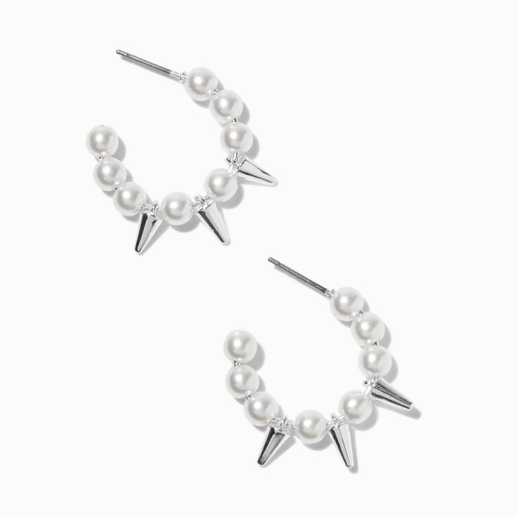 Silver-tone Pearl &amp; Spike 10mm Hoop Earrings,