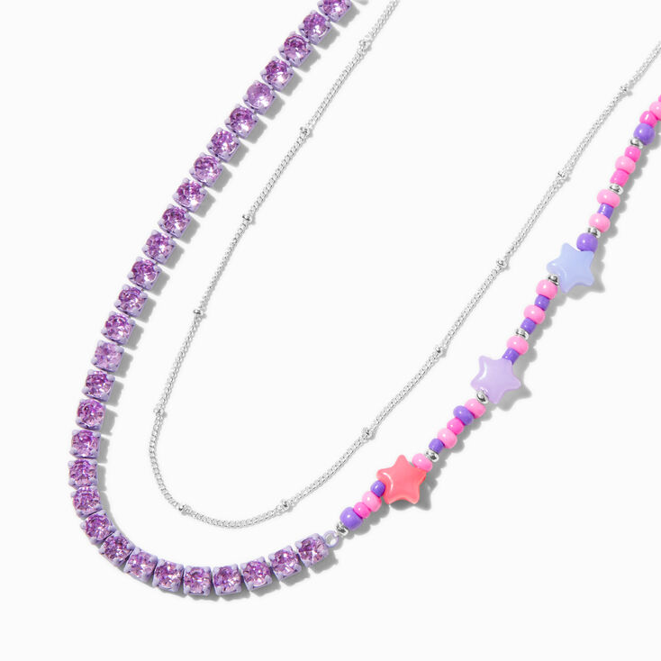 Purple Star Beaded Silver-tone Chain Multi-Strand Necklace,