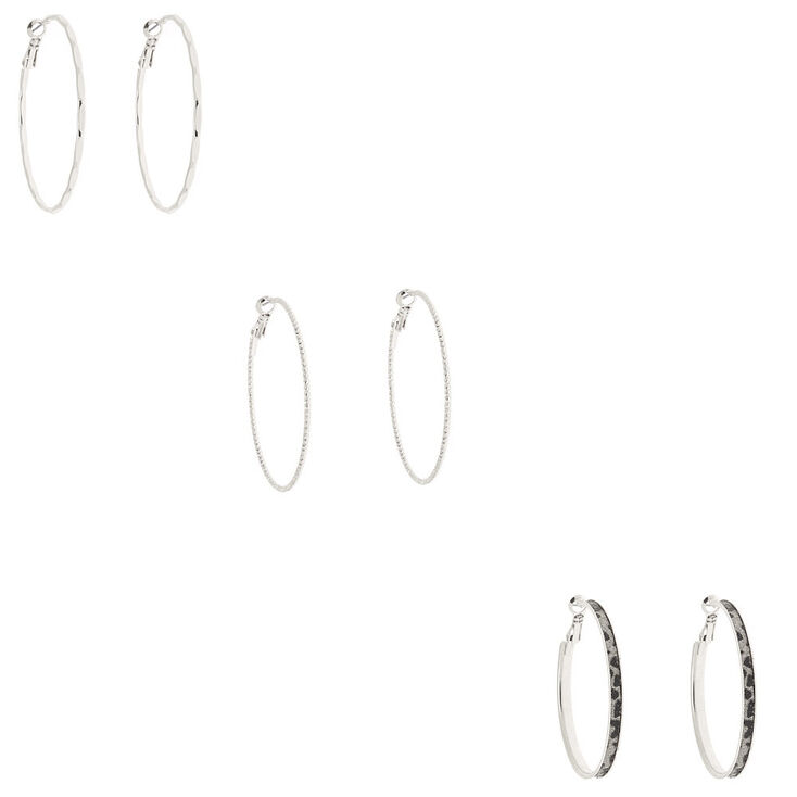 Claire's Lot de 3 paires de créoles effet peau de serpent 50 mm couleur argenté