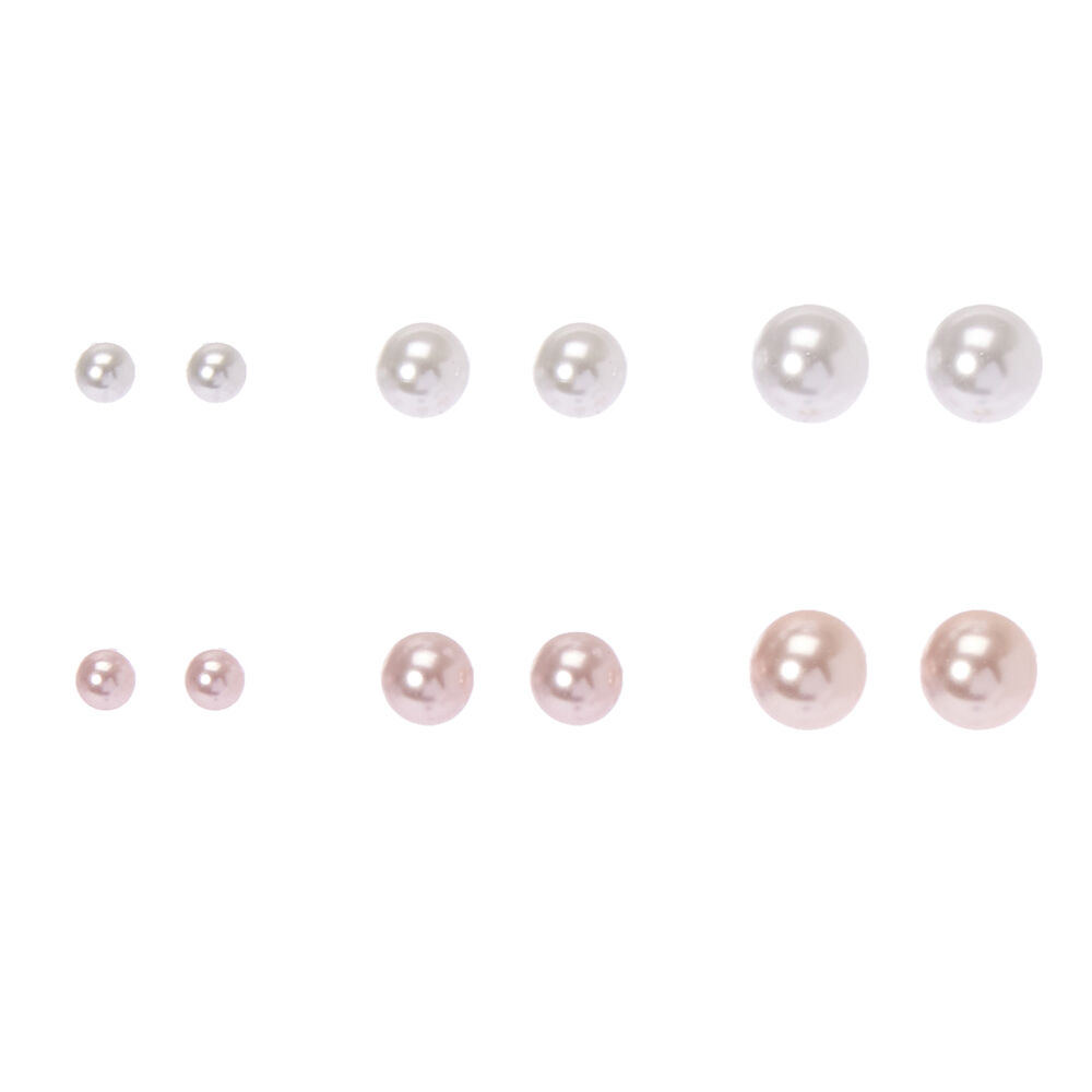 Pink & White Pearl Graduated Stud Earrings - 6 Pack,
