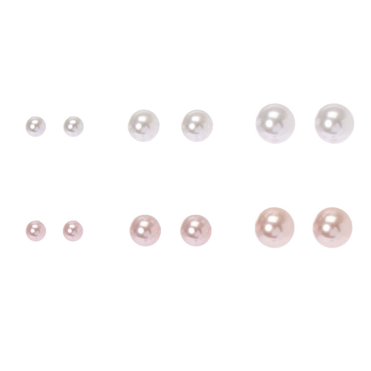 Pink &amp; White Pearl Graduated Stud Earrings - 6 Pack,