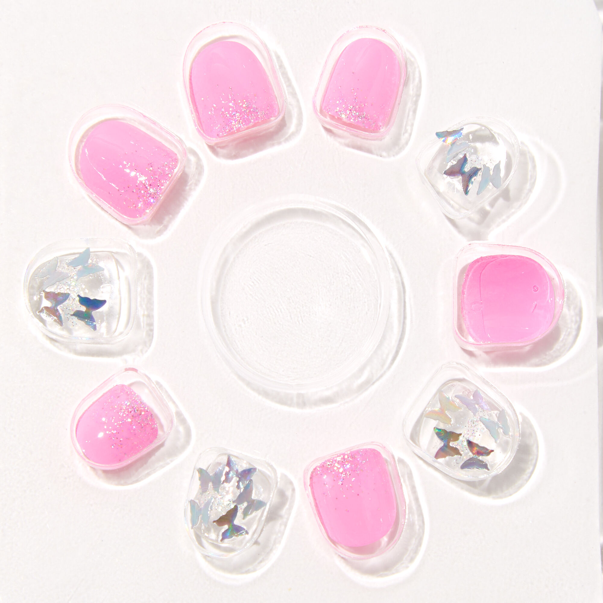 View Claires Club Butterfly Glitter Square Vegan Press On Faux Nail Set 10 Pack Pink information