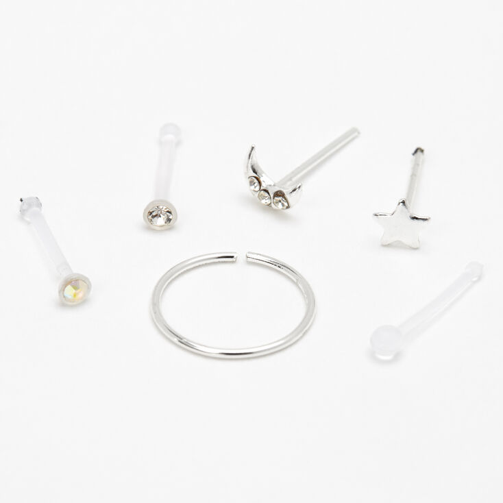 Sterling Silver 20G/22G Moon &amp; Star Nose Rings - 6 Pack,