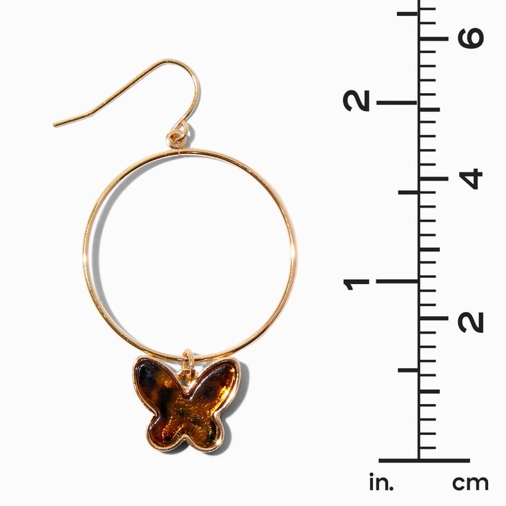 Tortoiseshell Butterfly 2&quot; Gold-tone Drop Hoop Earrings,