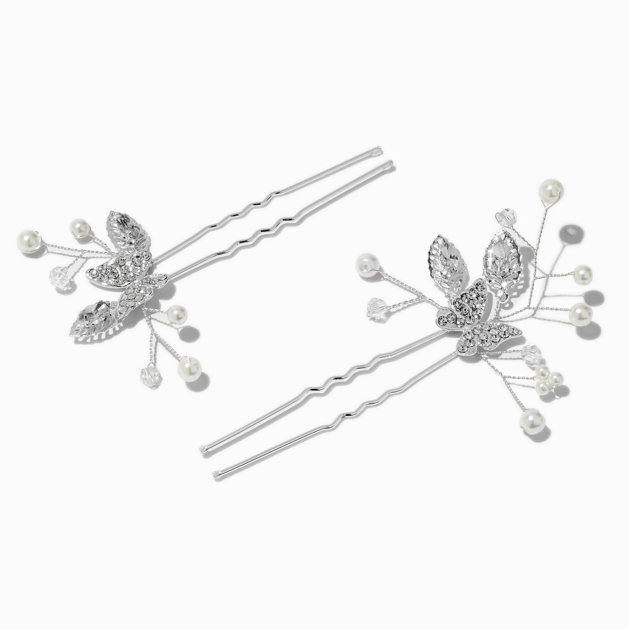 View Claires SilverTone Crystal Butterfly Pearl Spray Hair Pins 2 Pack White information