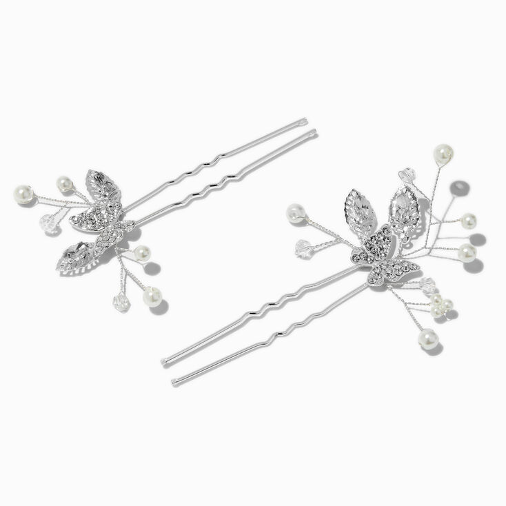 &Eacute;pingles &agrave; cheveux bouquet de fleurs plat perles d&#39;imitation et papillon en strass couleur argent&eacute;e - Lot de 2,