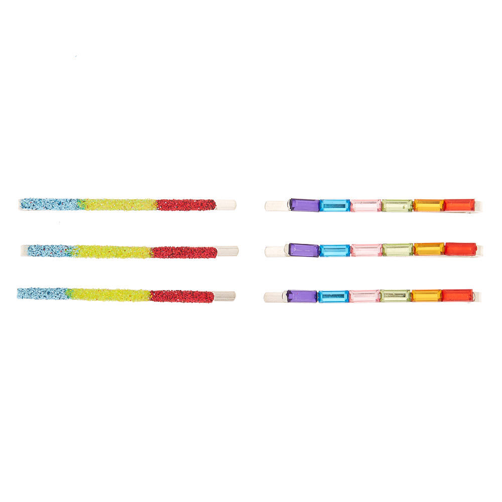 Rainbow Glitter Stone Hair Barrettes - 6 Pack,