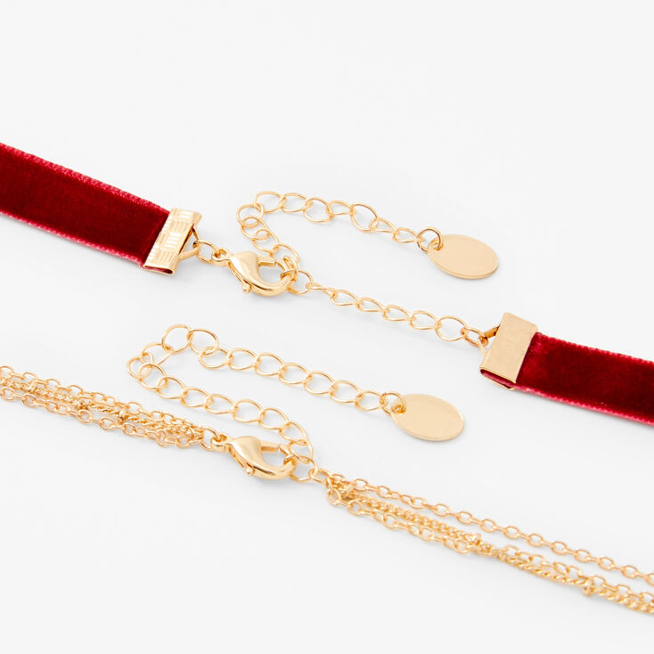 Burgundy Feather Medallion Multi Strand Necklace Set - 2 Pack,