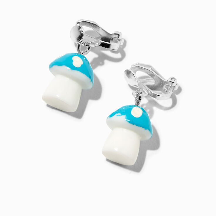 Blue Mushroom Clip-On Drop Earrings,